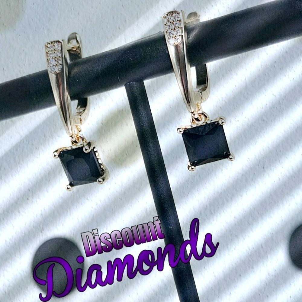 Black Sapphire and White Baguette Diamond Stud Earrings 18K Gold on 925 Silver